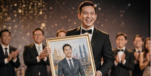 Award winner holding personalized artwork on stage