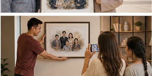Family sharing a personalized artwork at home