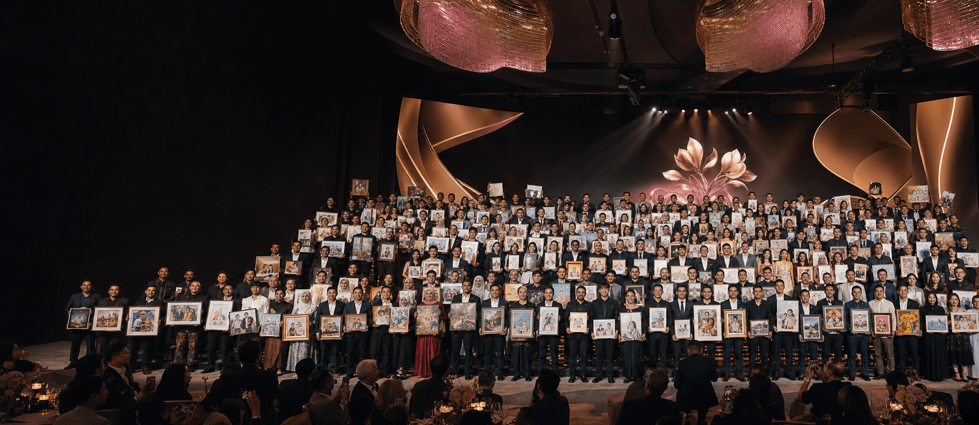 Large event with hundreds of employees holding personalized artworks